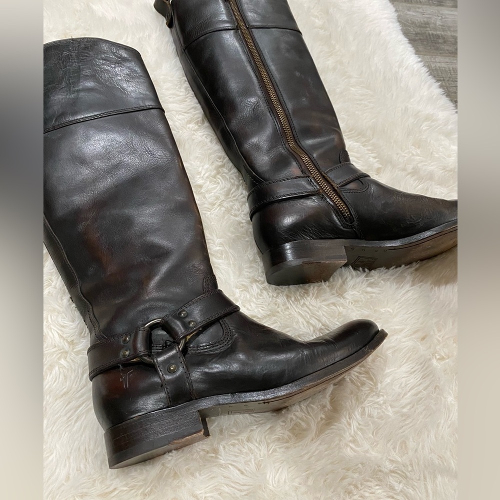 Frye Melissa Harness Dark Brown Leather Boot, size 6.5
